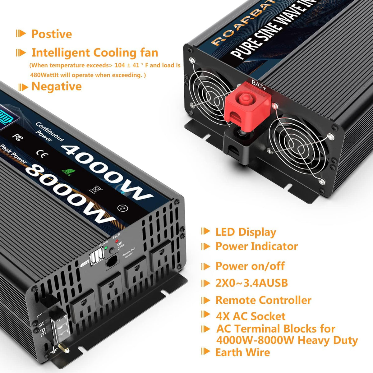 Pure Sine Wave Power Inverter 4000W 12V DC to AC 110V with Remote Control 4 AC Outlets Dual USB Port O101