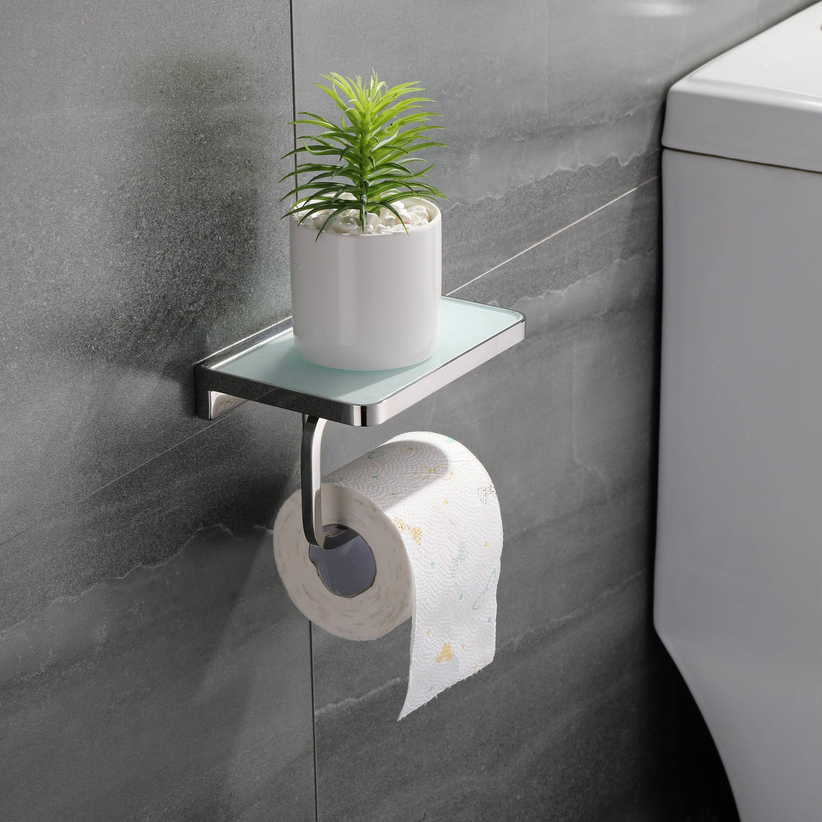 White Glass Shelf with Toilet Paper Holder F32111