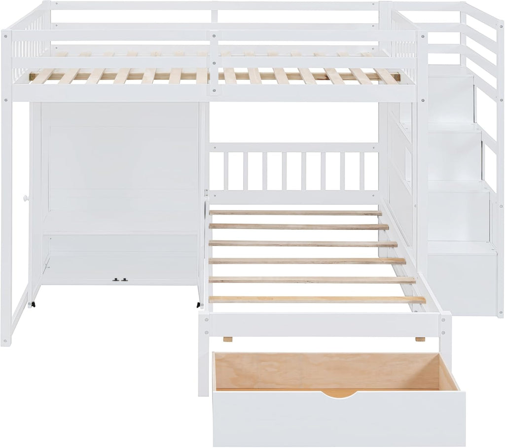 White Wood Bunk Bed with Wardrobe, Staircase and Drawers G8872