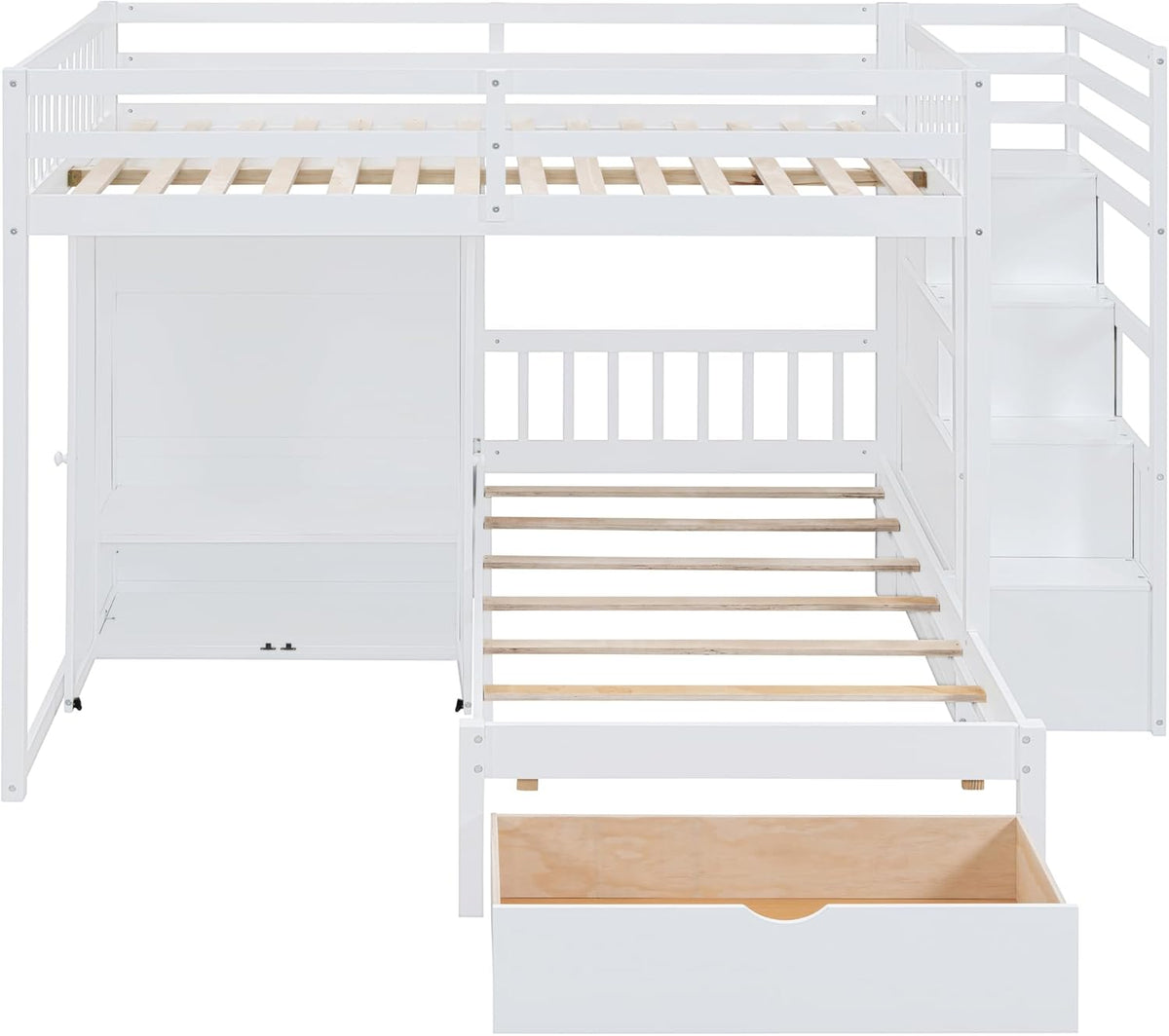 White Wood Bunk Bed with Wardrobe, Staircase and Drawers G8872