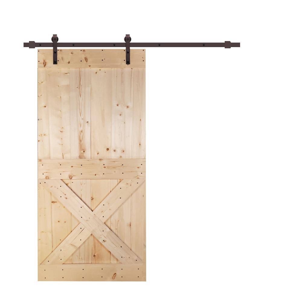 Unfinished Knotty Pine Wood Interior Sliding Barn Door with Hardware Kit L843835