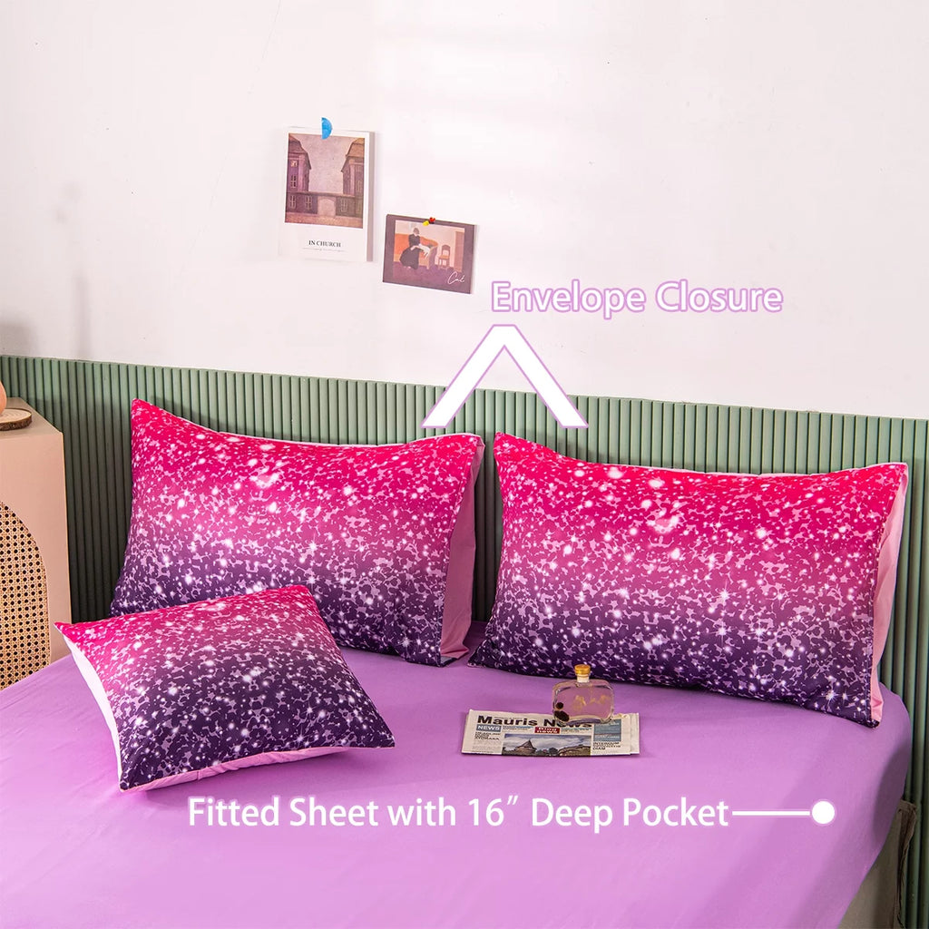 6Pcs Twin Gradient Pink Purple Glitter Comforter Sets O945