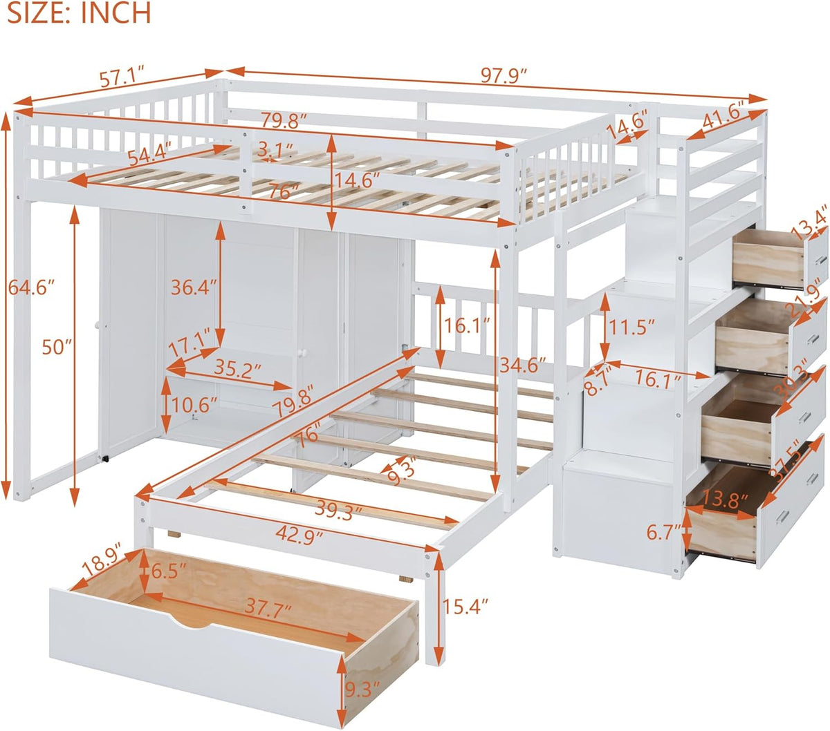 White Wood Bunk Bed with Wardrobe, Staircase and Drawers G8872