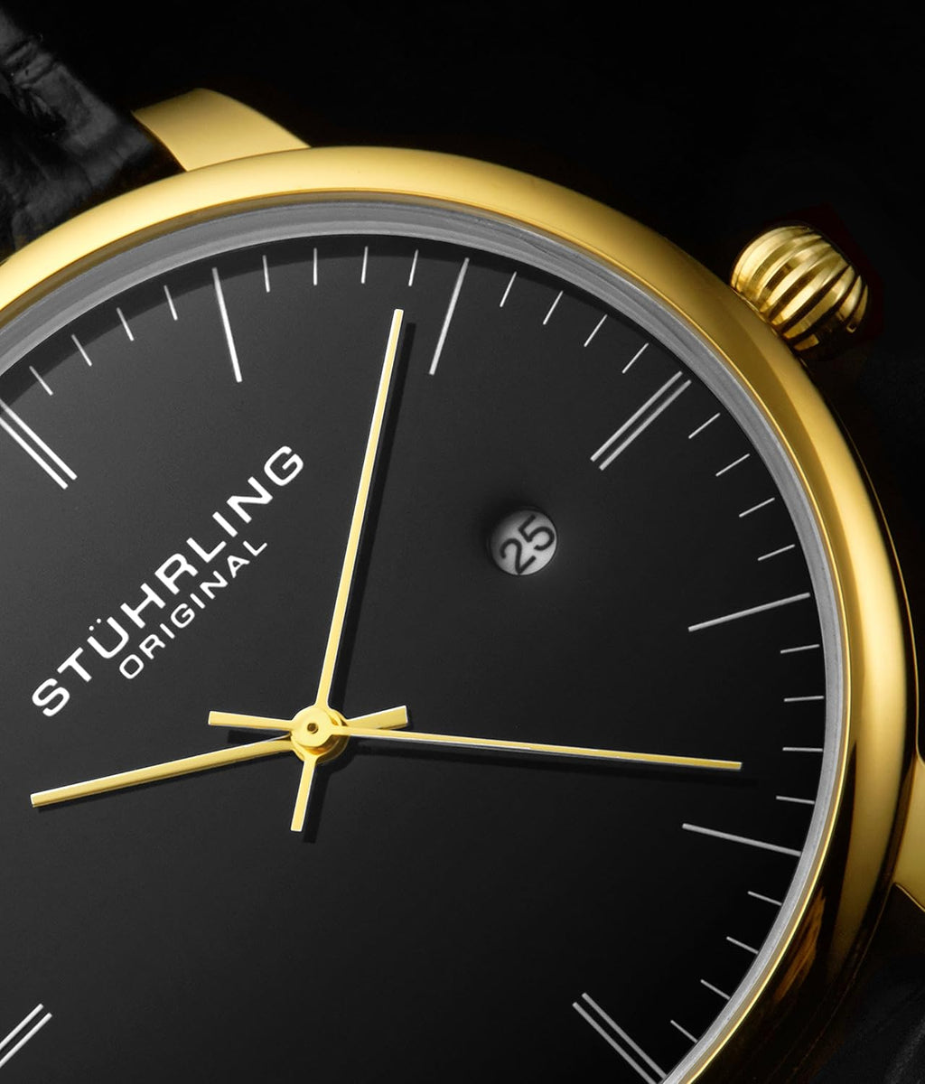 Black Gold Calfskin Leather Strap Analog Watch with Date O95387