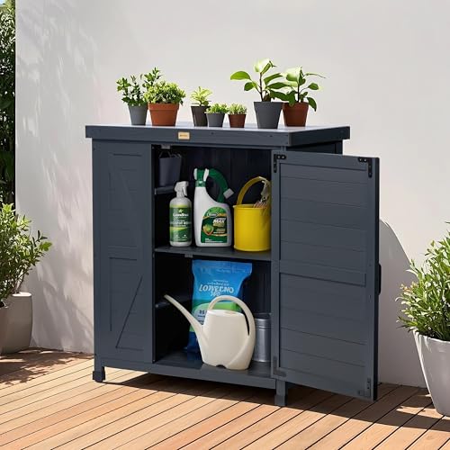 Outdoor Storage Cabinet with Metal Tabletop, 3 Adjustable Shelves M450