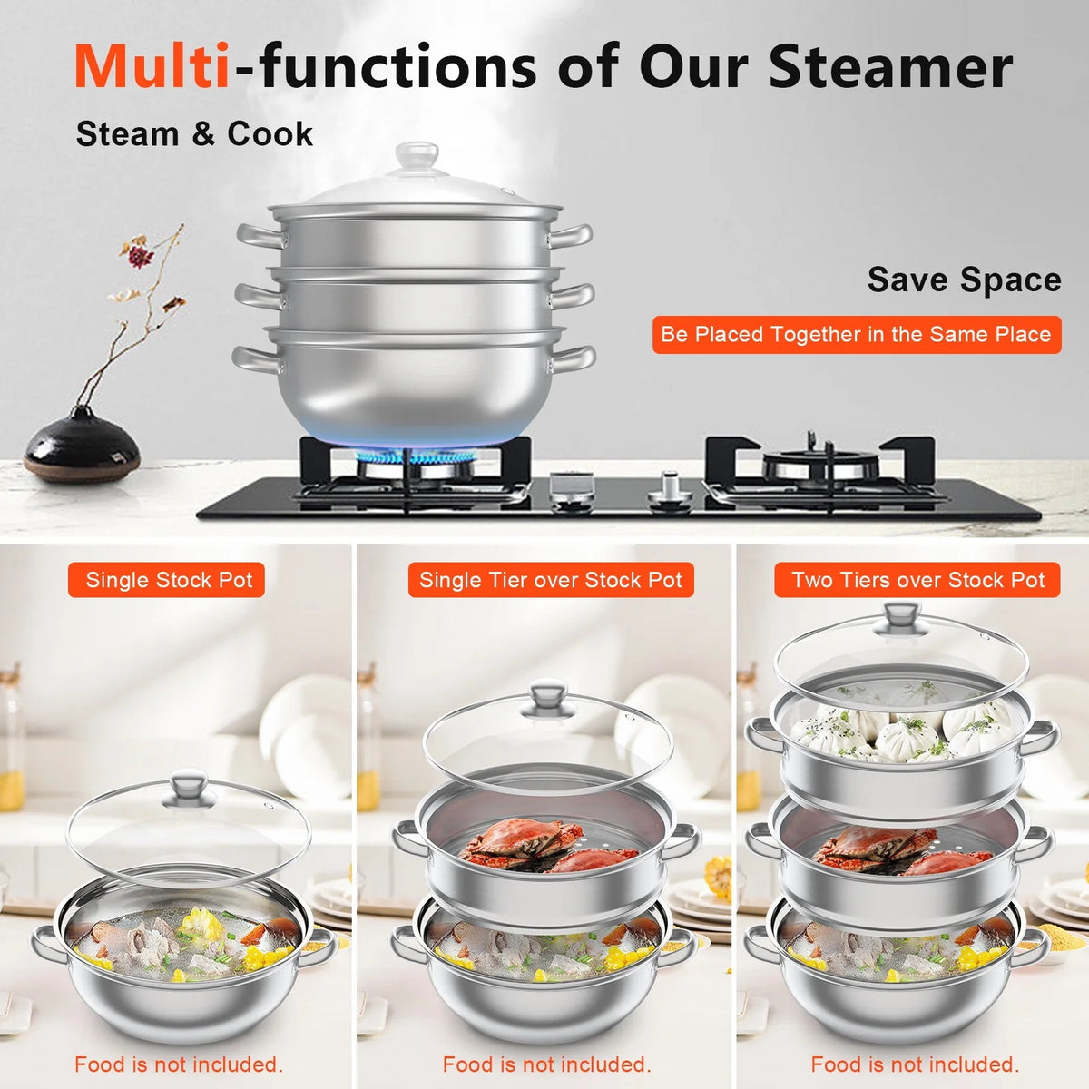 3 Tiers Stainless Steel Steaming Pot with Glass Lid Q496755