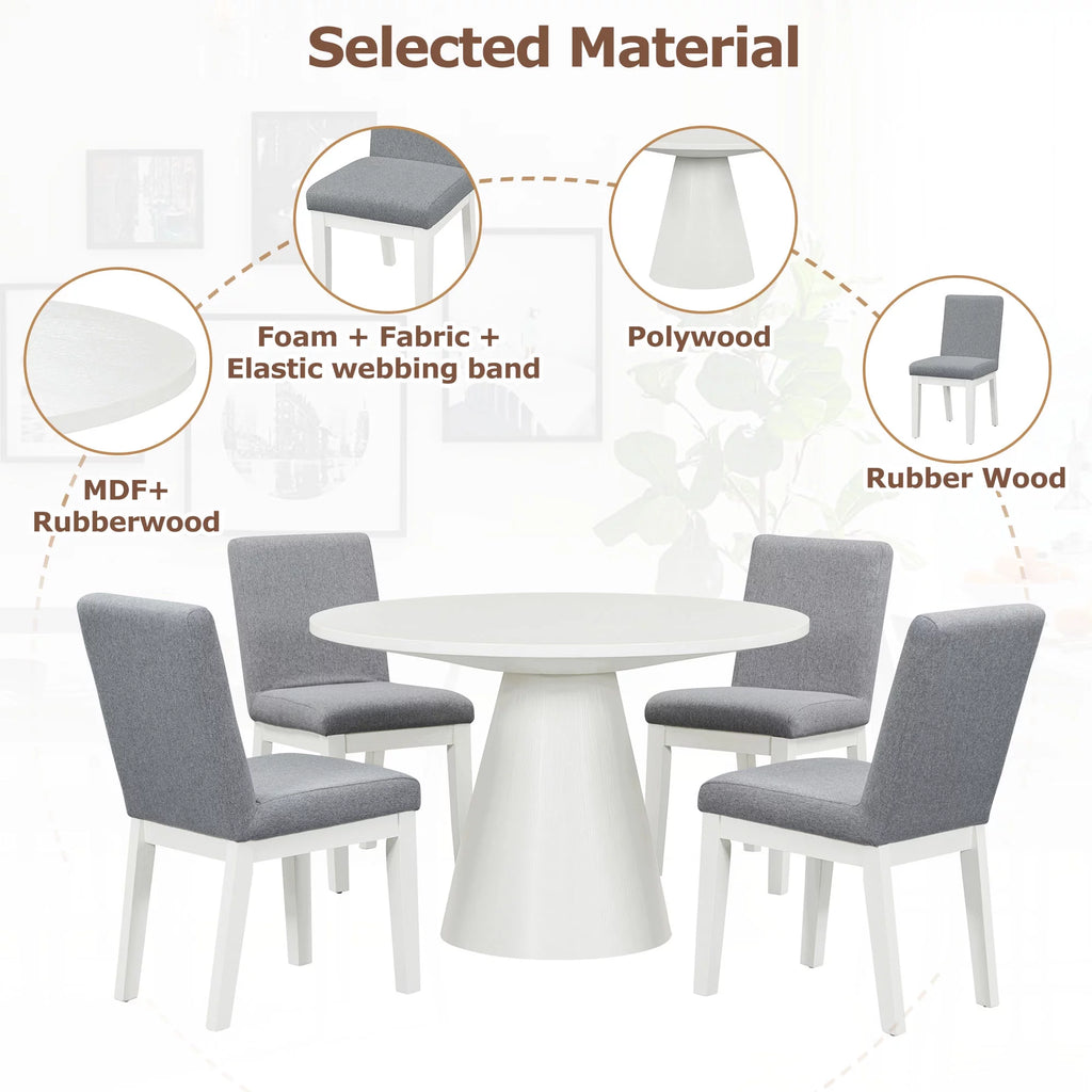 White 5 Piece Round Wood Dining Table Set with 4 Upholstered Chairs J80101