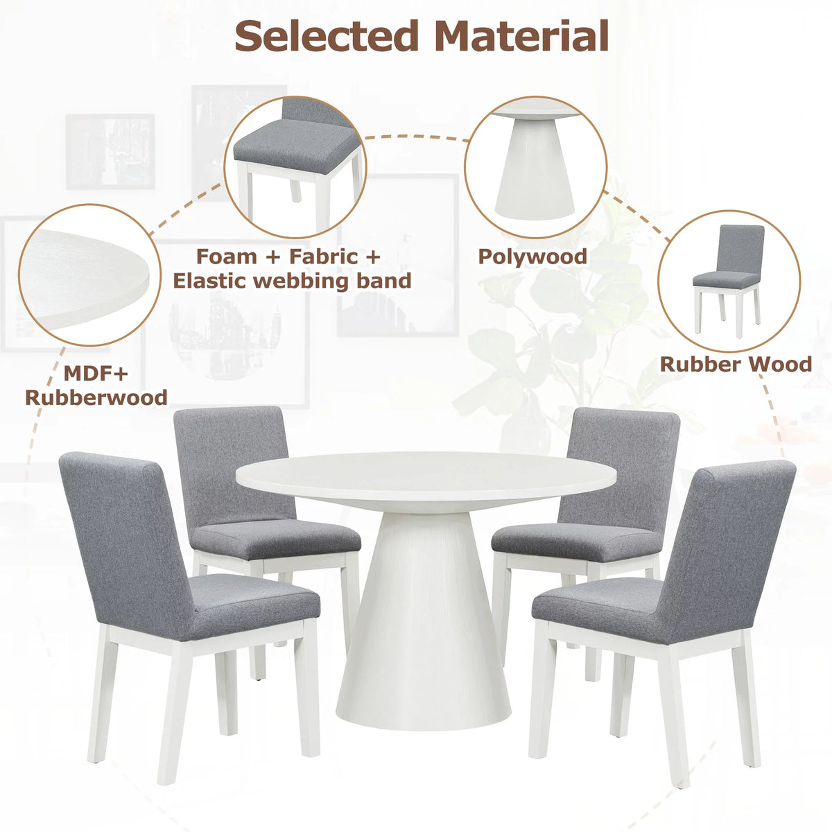 White 5 Piece Round Wood Dining Table Set with 4 Upholstered Chairs J80101