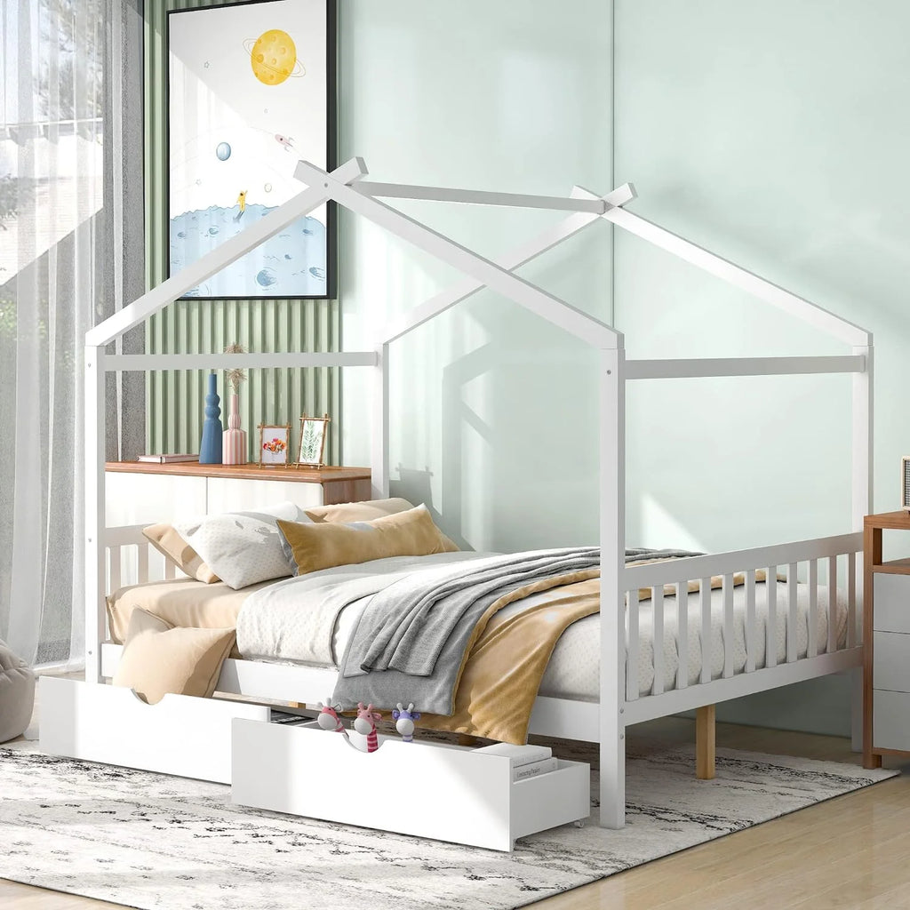 White Full Size Wood Platform Bed with 2 Drawers G2047
