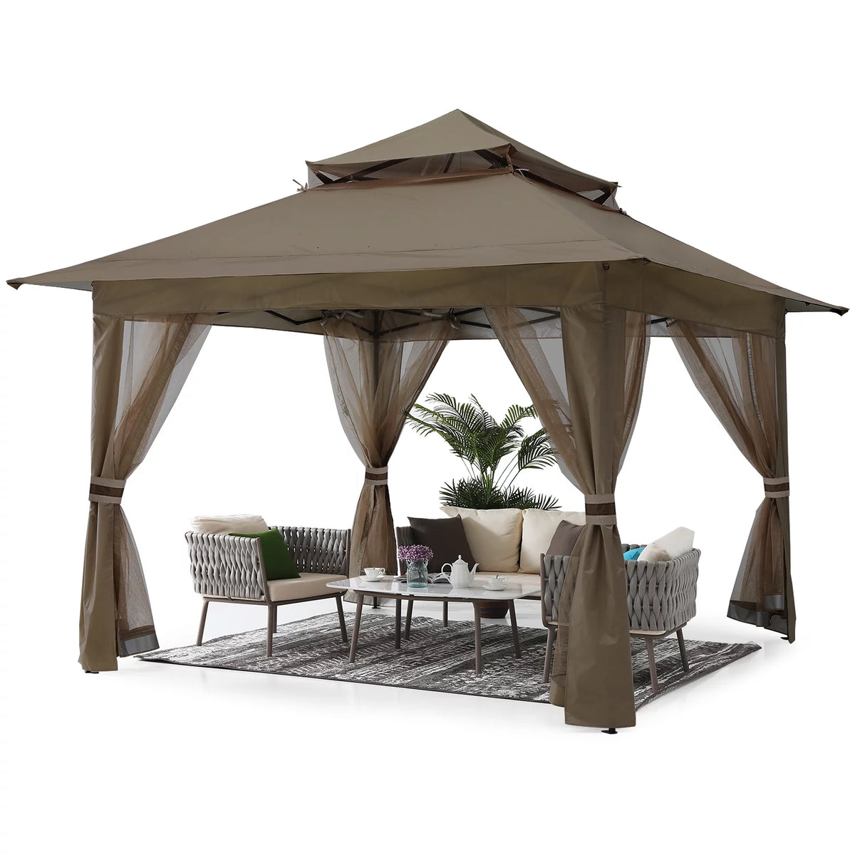 13'x13' Pop up Gazebo Canopy Shelter with Mosquito Netting, Brown H3954