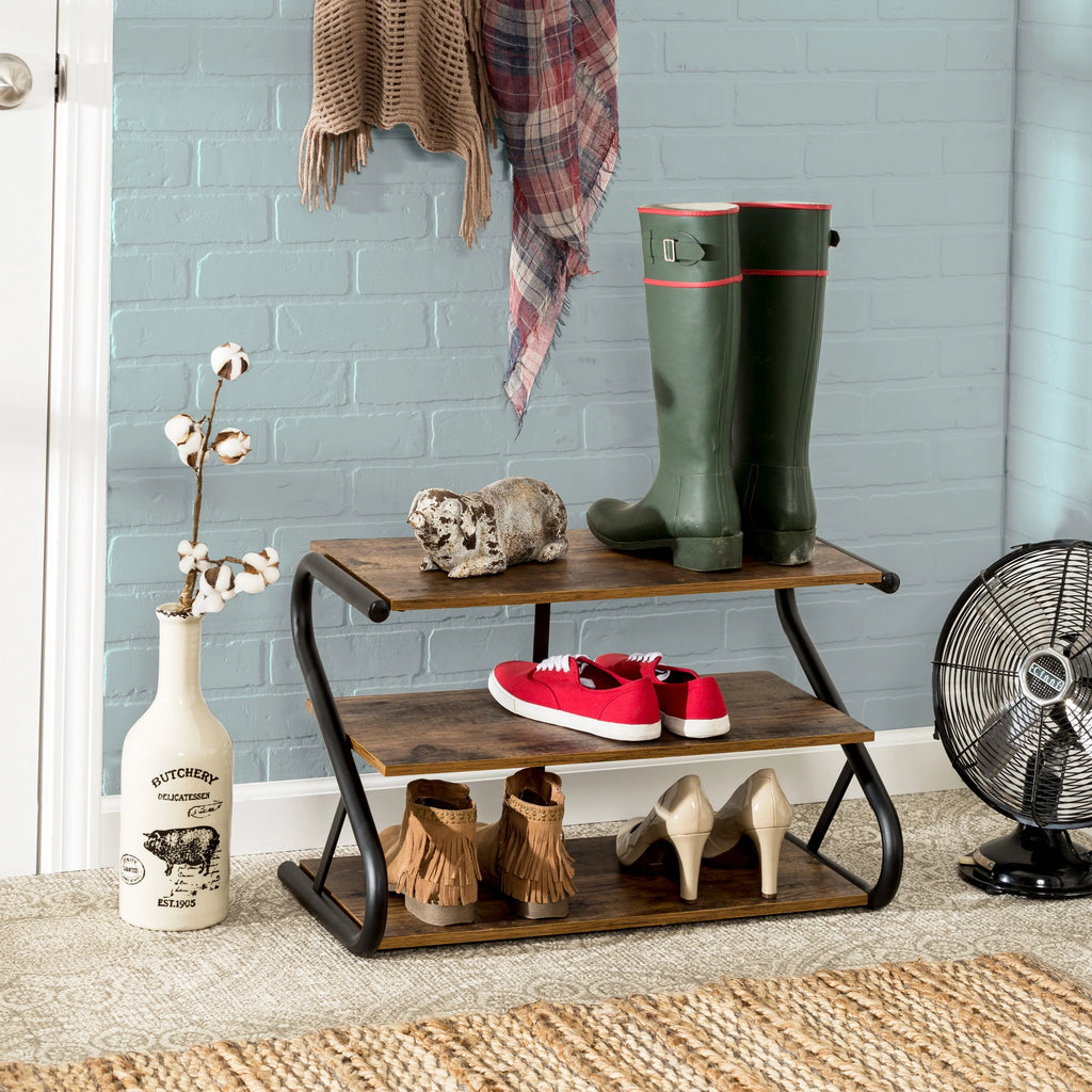 3-Shelf Wooden Shoe Rack with Matte Black Metal B49113