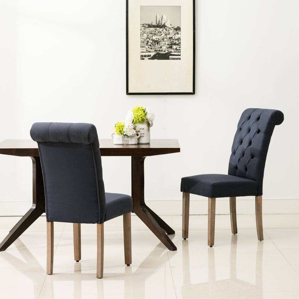 Brown Linen/Wooden Roll-Top Tufted Dining Chair (Set of 2) Y64810