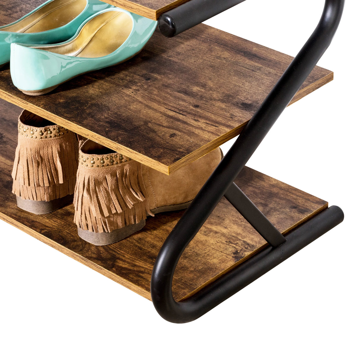 3-Shelf Wooden Shoe Rack with Matte Black Metal B49113