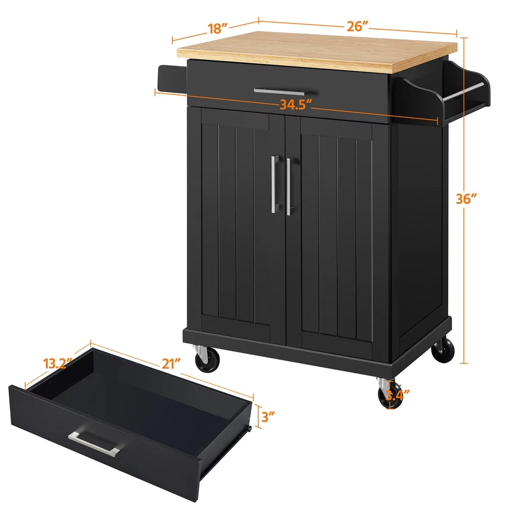 Black Rolling Kitchen Cart with Spice Rack and Drawer U48436