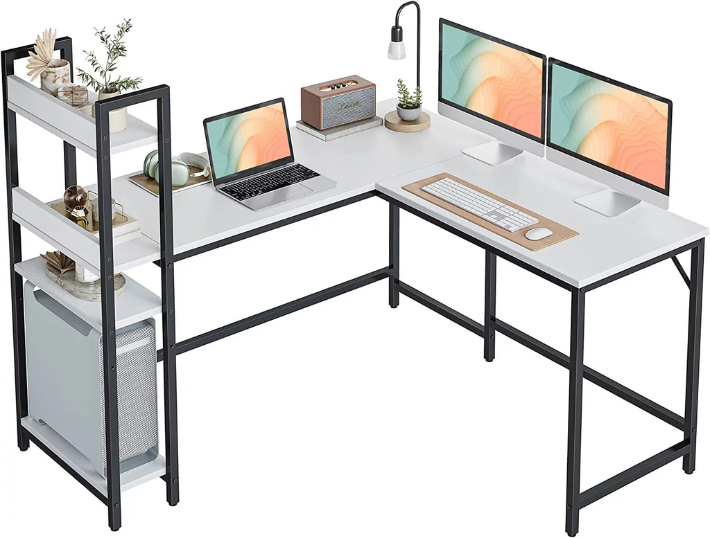 L Shaped Desk, 51.1 Inch White Corner Desk with Hutch V702223