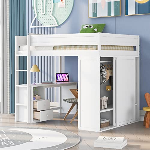 White Wood Full Size Loft Bed with Wardrobes Desk and Storage X6614