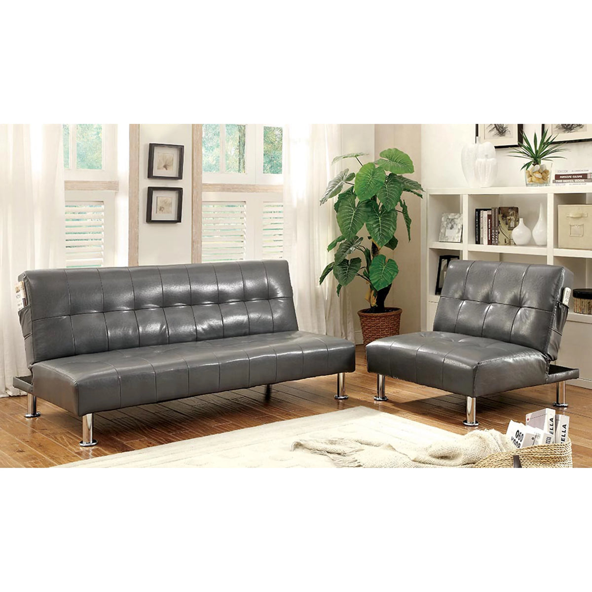 Gray Faux Leather Tufted Convertible Futon Sofa D93050