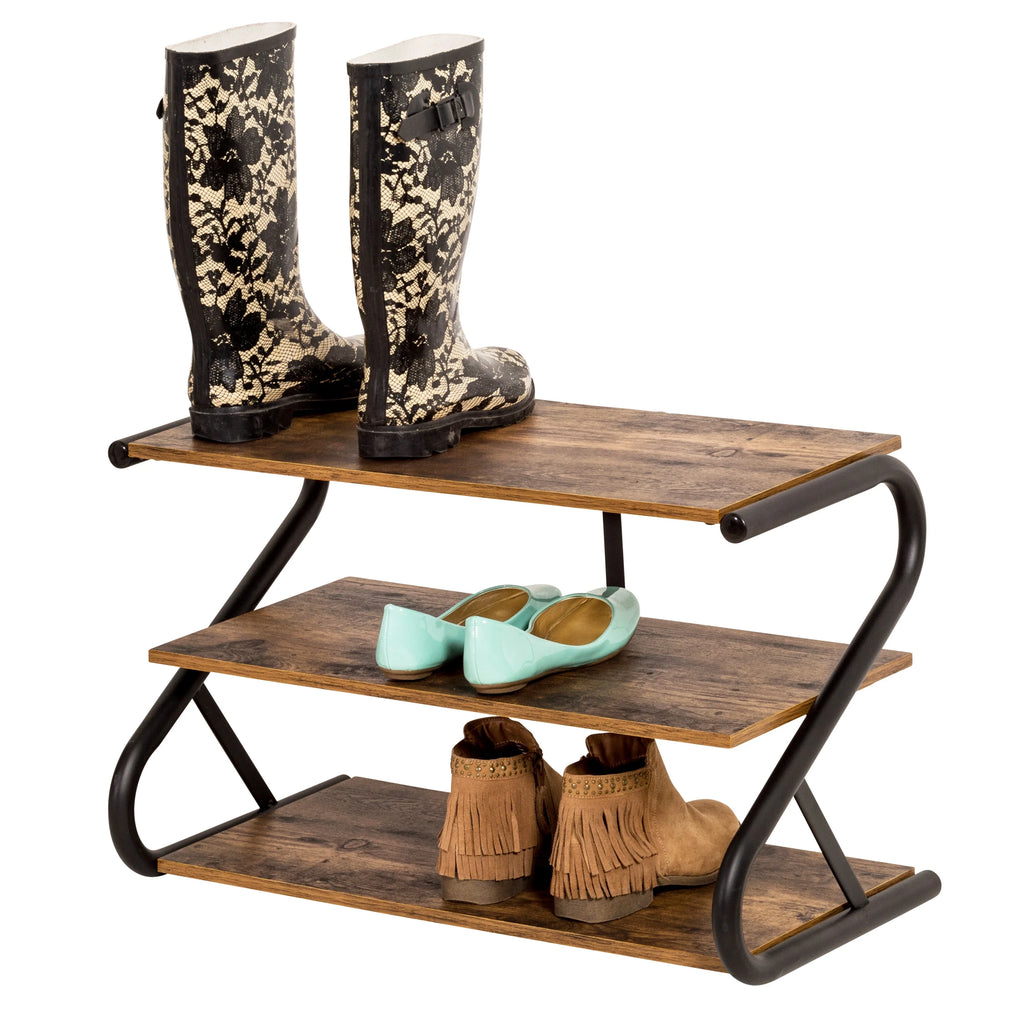 3-Shelf Wooden Shoe Rack with Matte Black Metal B49113