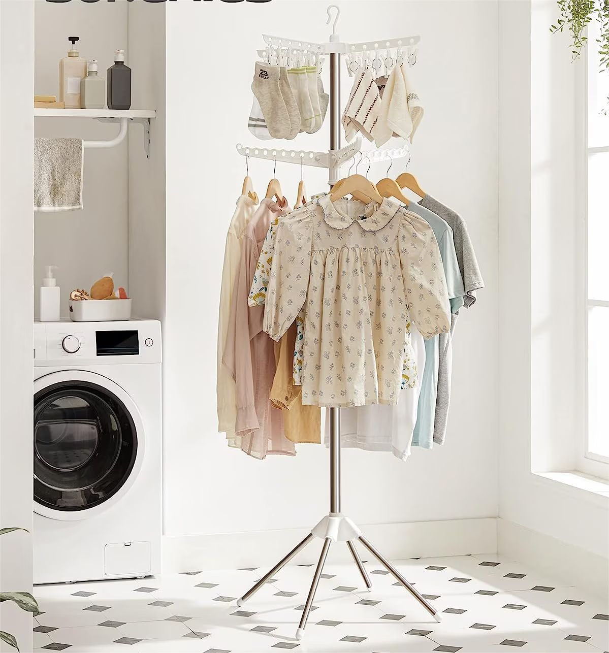 2-Tier Foldable Laundry Drying Rack with 27 Clips Stainless Steel X7634