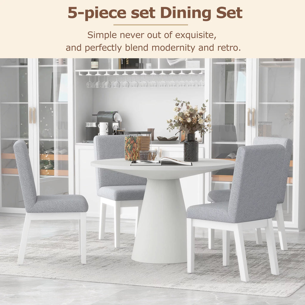 White 5 Piece Round Wood Dining Table Set with 4 Upholstered Chairs J80101