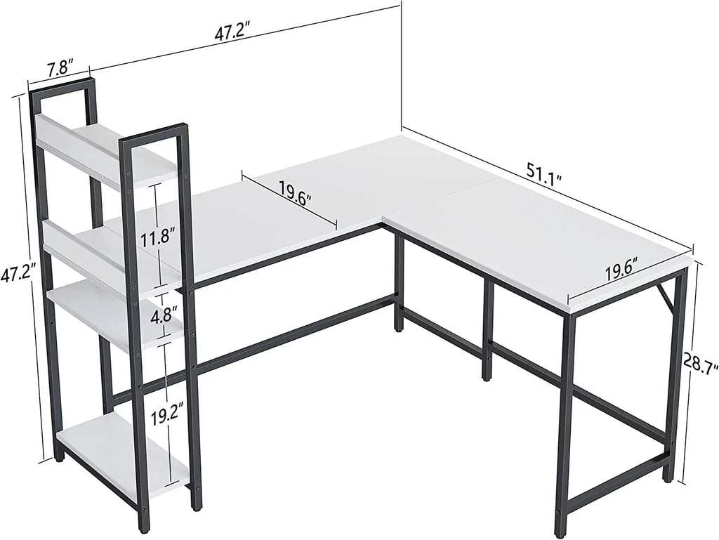 L Shaped Desk, 51.1 Inch White Corner Desk with Hutch V702223