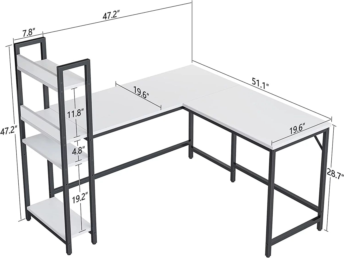 L Shaped Desk, 51.1 Inch White Corner Desk with Hutch V702223