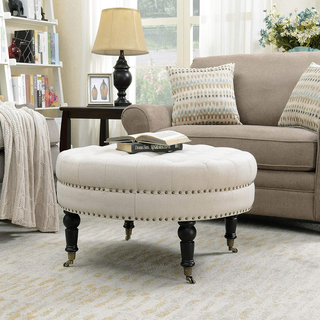 White Linen Ottoman with Caster Wheels F33795