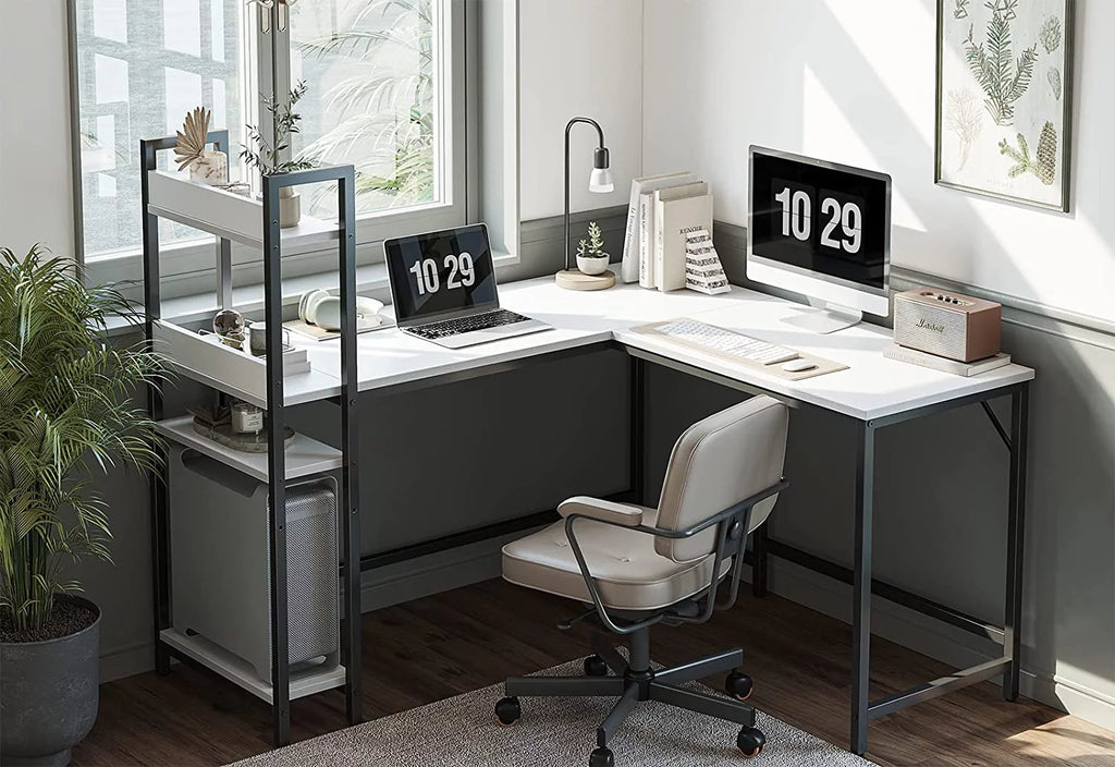 L Shaped Desk, 51.1 Inch White Corner Desk with Hutch V702223