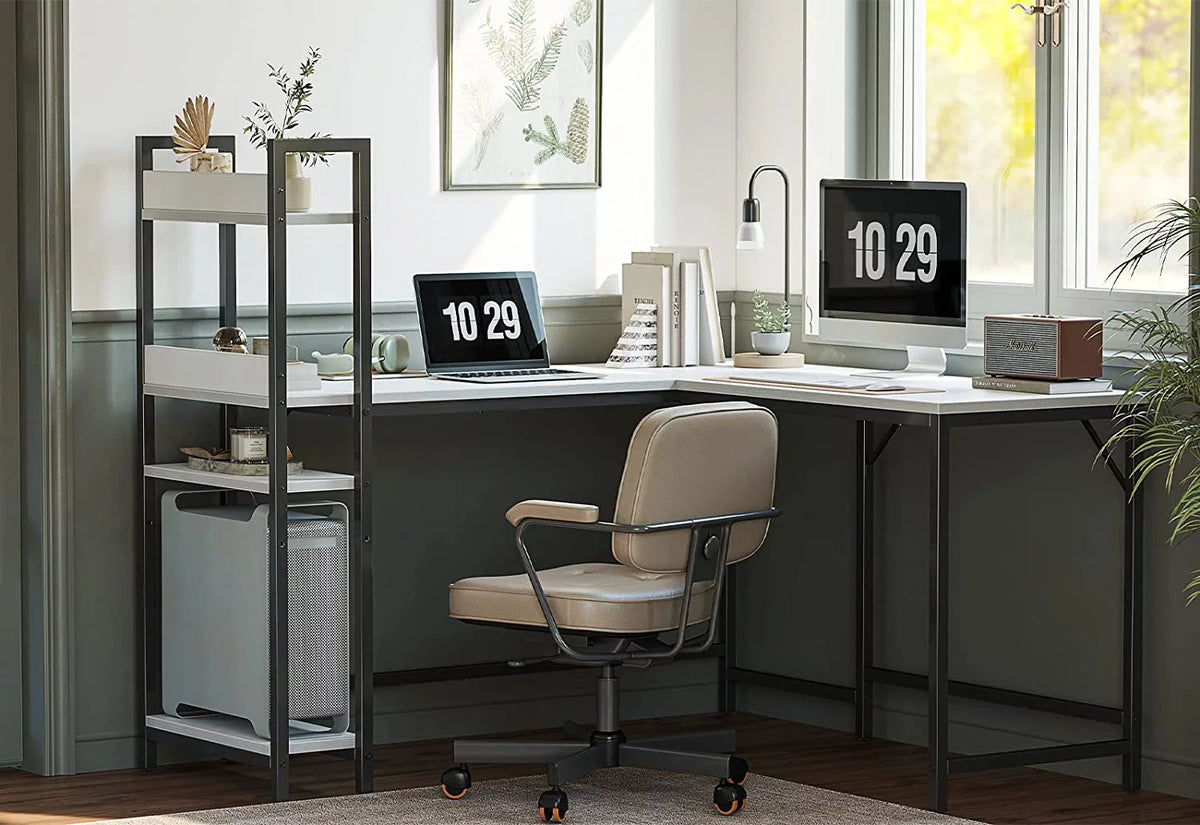 L Shaped Desk, 51.1 Inch White Corner Desk with Hutch V702223