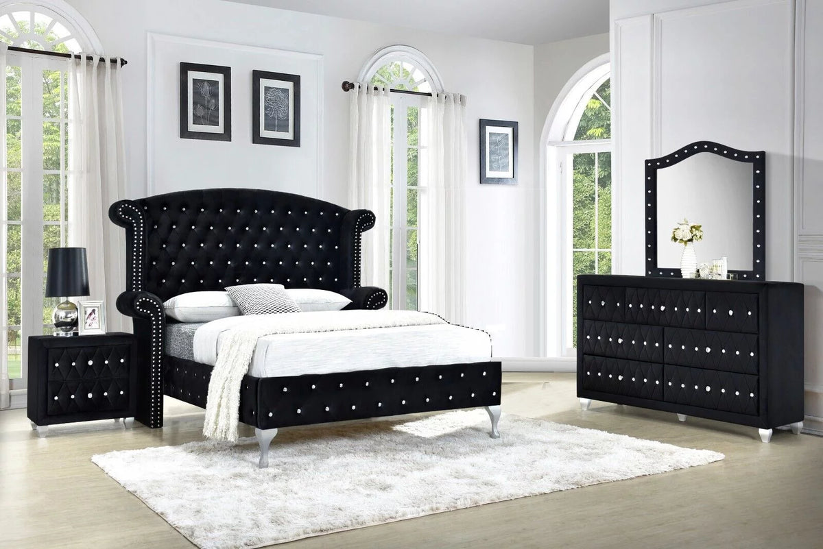 Black Velvet 4Pc Queen Size Bed Dresser Mirror Nightstand Set R125698