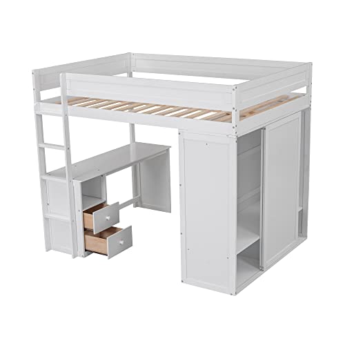 White Wood Full Size Loft Bed with Wardrobes Desk and Storage X6614