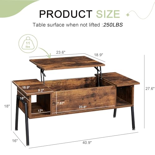 Black Wood Lift Top Coffee Table with Hidden Compartment and Storage Shelf C8988
