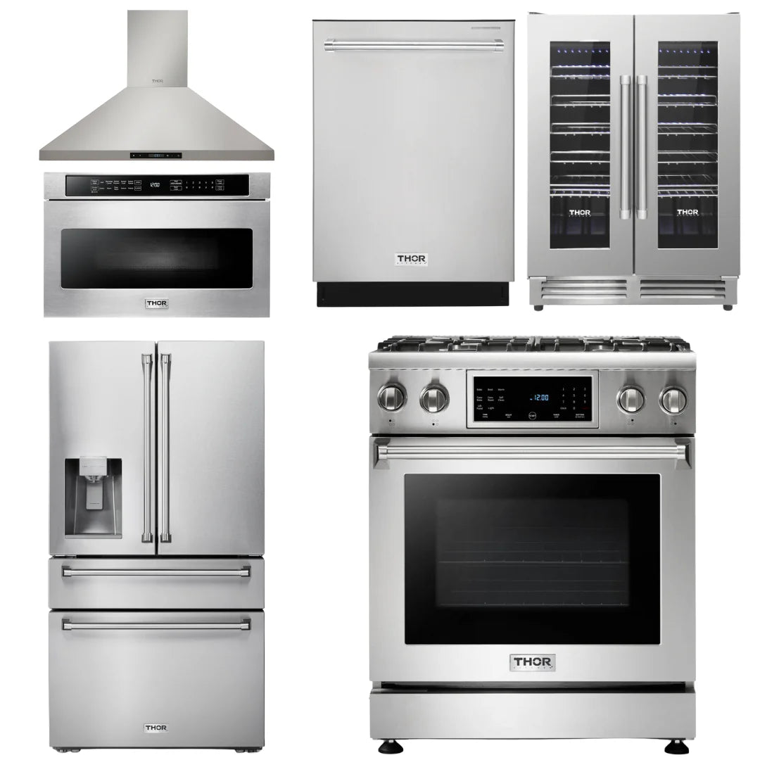 30 Propane Gas Range, Range Hood, Microwave, Refrigerator, Dishwasher, Wine Cooler V7669