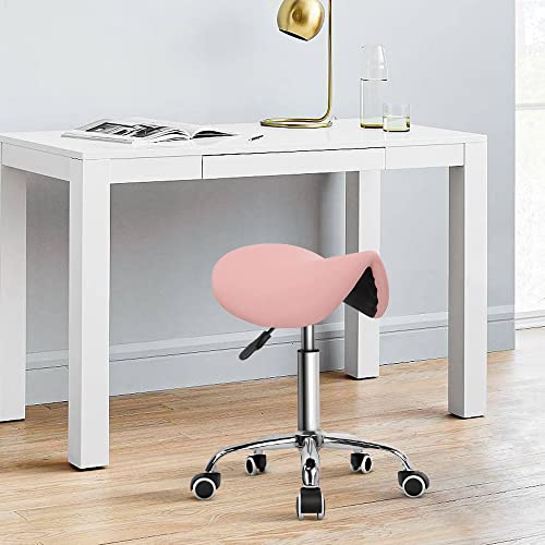 PU Leather Adjustable Rolling Saddle Stool with Wheels Black P472
