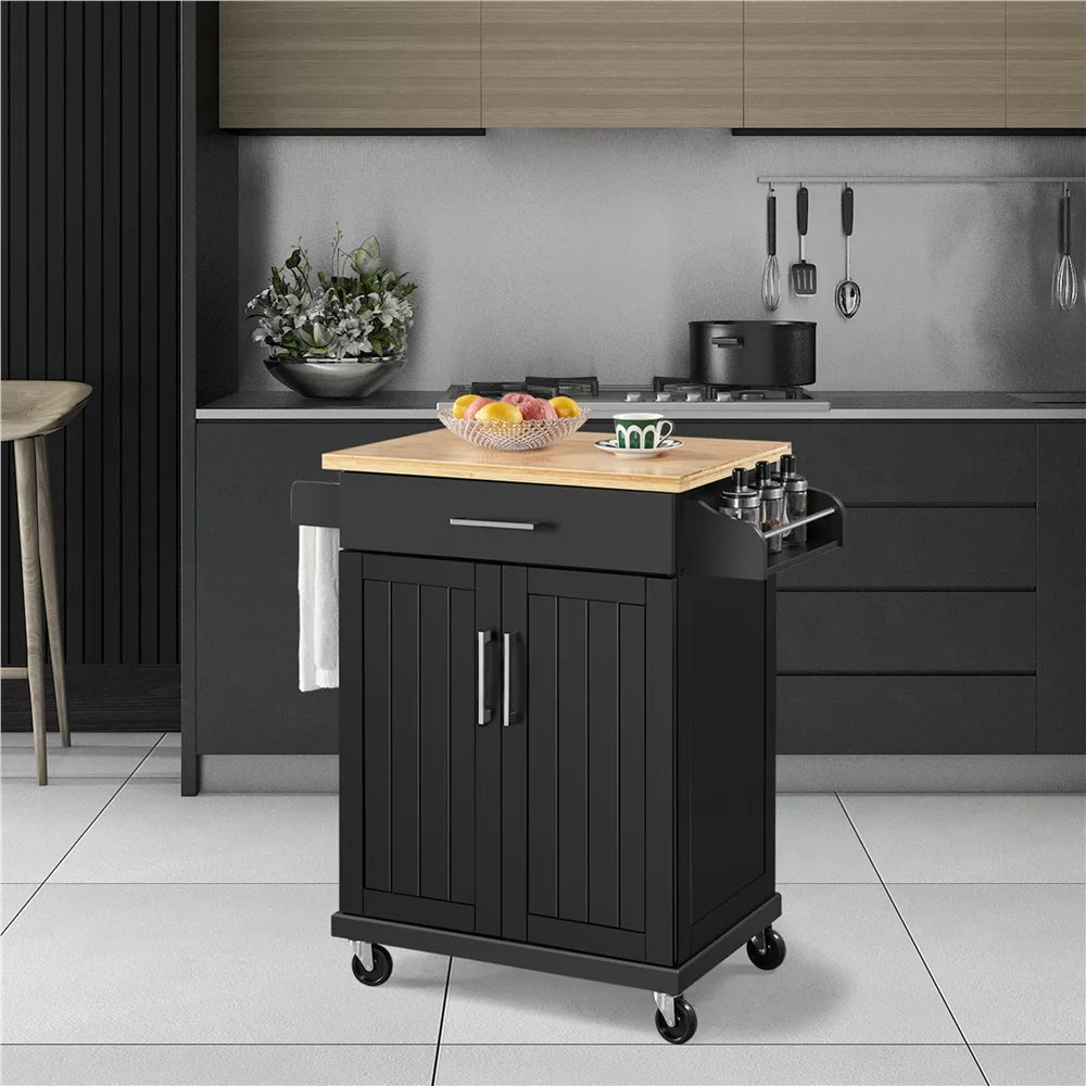 Black Rolling Kitchen Cart with Spice Rack and Drawer U48436