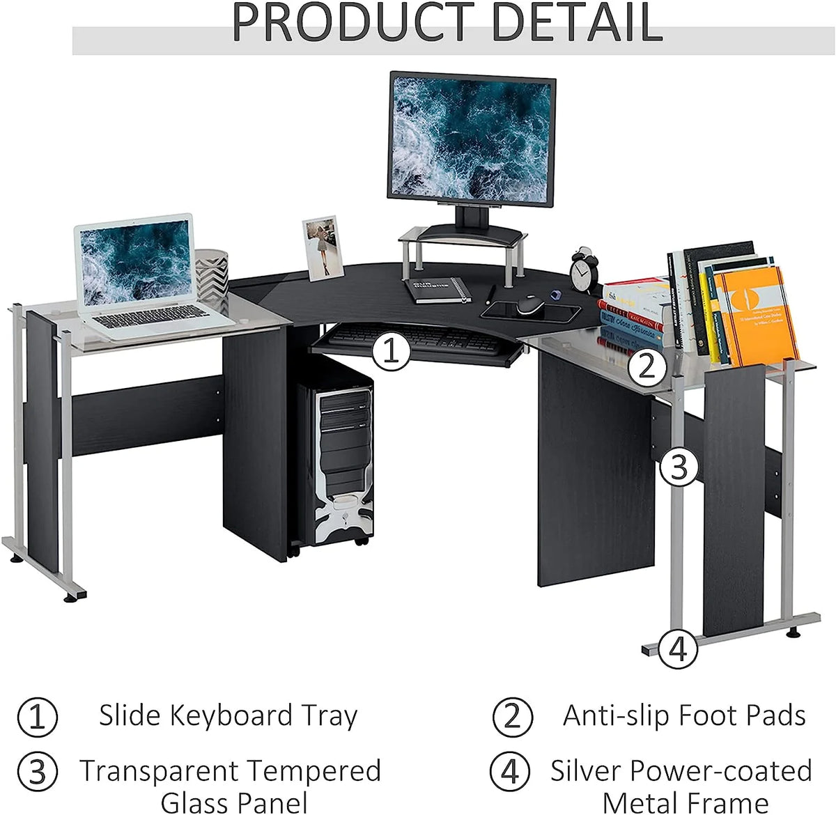 69" L-Shaped Tempered Glass Computer Desk with Monitor Stand U21241