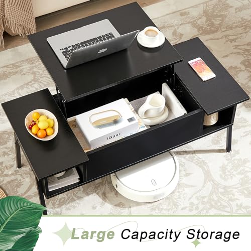 Black Wood Lift Top Coffee Table with Hidden Compartment and Storage Shelf C8988