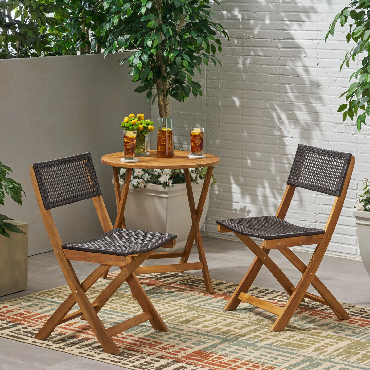 Acacia Wood Foldable Bistro Chairs with Wicker Seating Set of 2 C9923