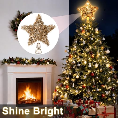 Rattan Christmas Tree Star Topper with 10 Warm LED Lights 10 Inch O6462