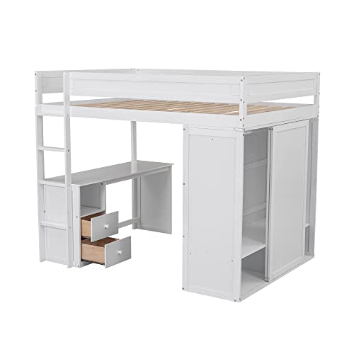White Wood Full Size Loft Bed with Wardrobes Desk and Storage X6614