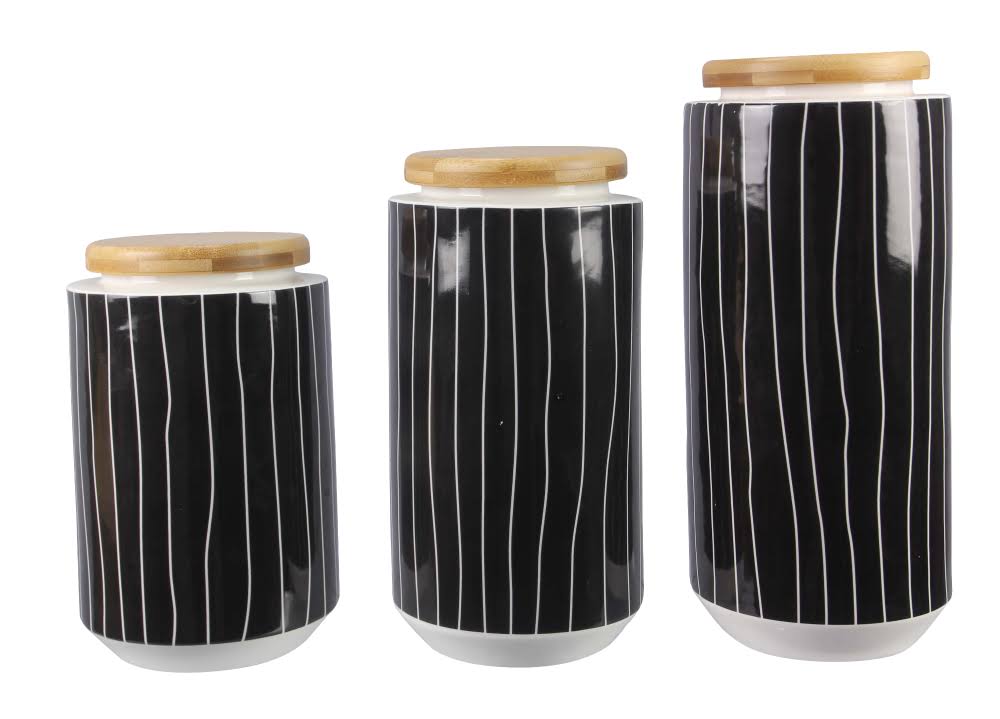 Black and White 3pc Cannister Set with Bamboo Lid I59348