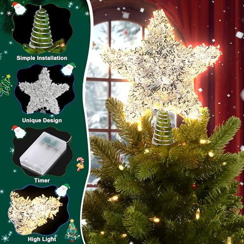 Rattan Christmas Tree Star Topper with 10 Warm LED Lights 10 Inch O6462