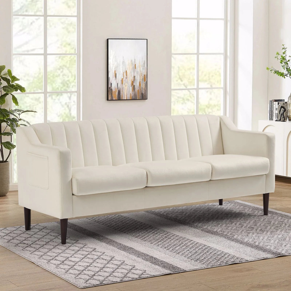 Velvet Upholstered Chesterfield Sofa with Wooden Legs Y7624