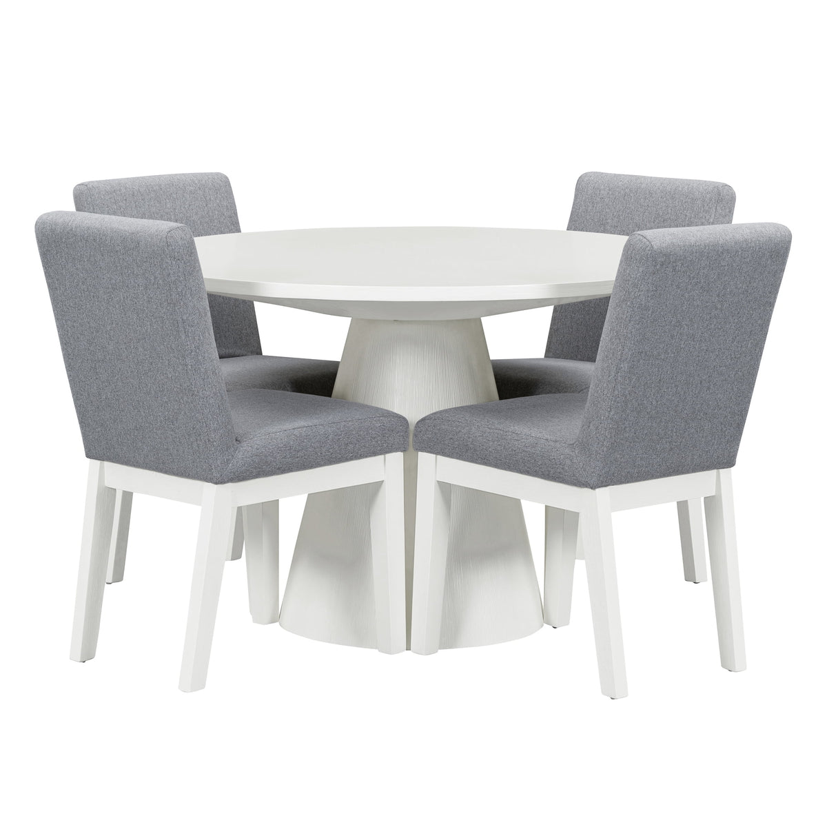 White 5 Piece Round Wood Dining Table Set with 4 Upholstered Chairs J80101