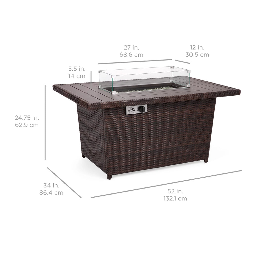 52in Wicker Propane Gas Fire Pit Table 50,000 BTU with Glass Wind Guard Z905427