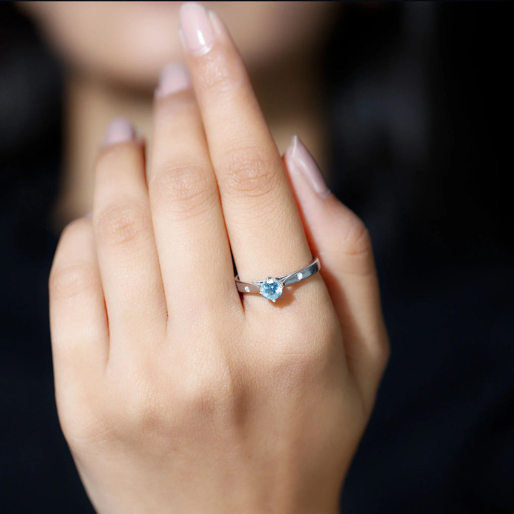 Aquamarine Solitaire Ring with Diamond, 925 Sterling Silver F343083
