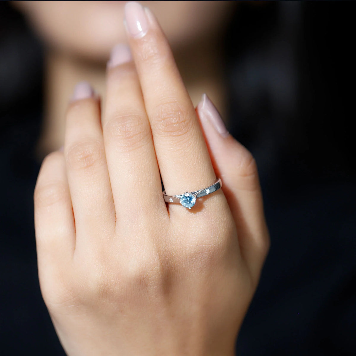 Aquamarine Solitaire Ring with Diamond, 925 Sterling Silver F343083