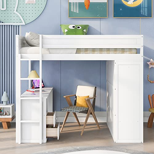 White Wood Full Size Loft Bed with Wardrobes Desk and Storage X6614