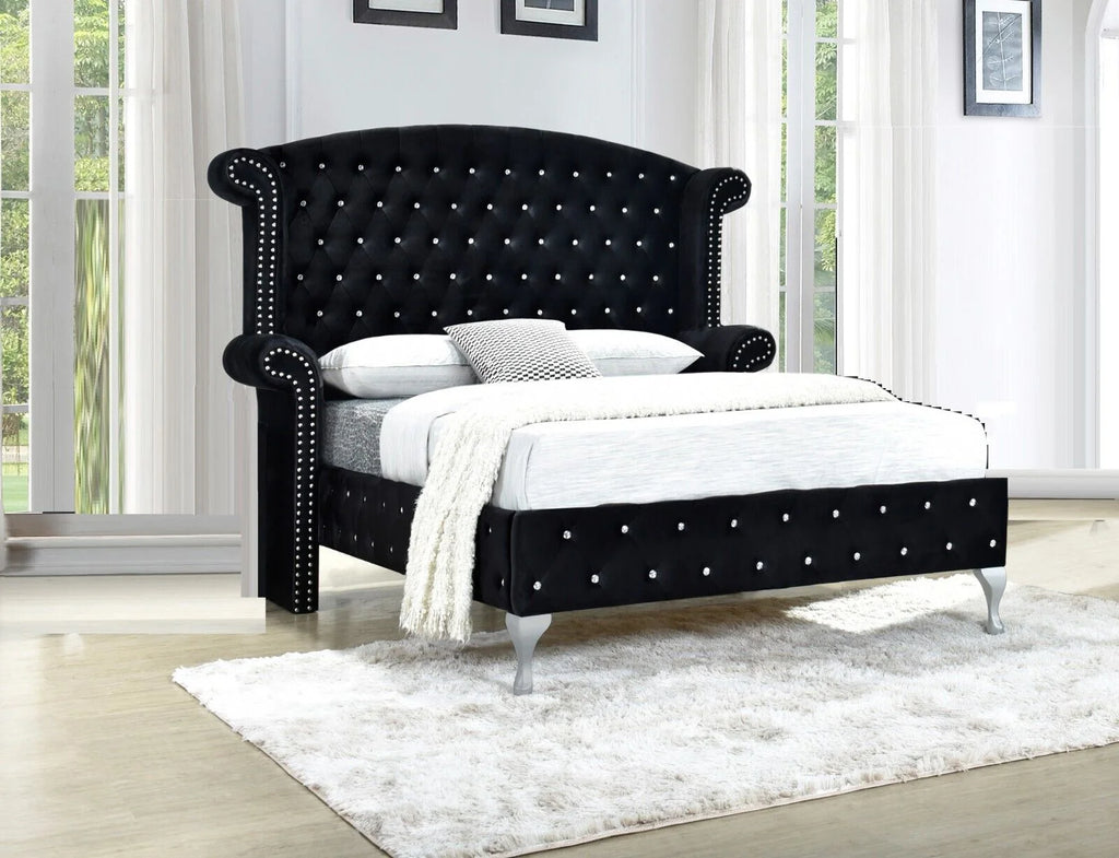 Black Velvet 4Pc Queen Size Bed Dresser Mirror Nightstand Set R125698