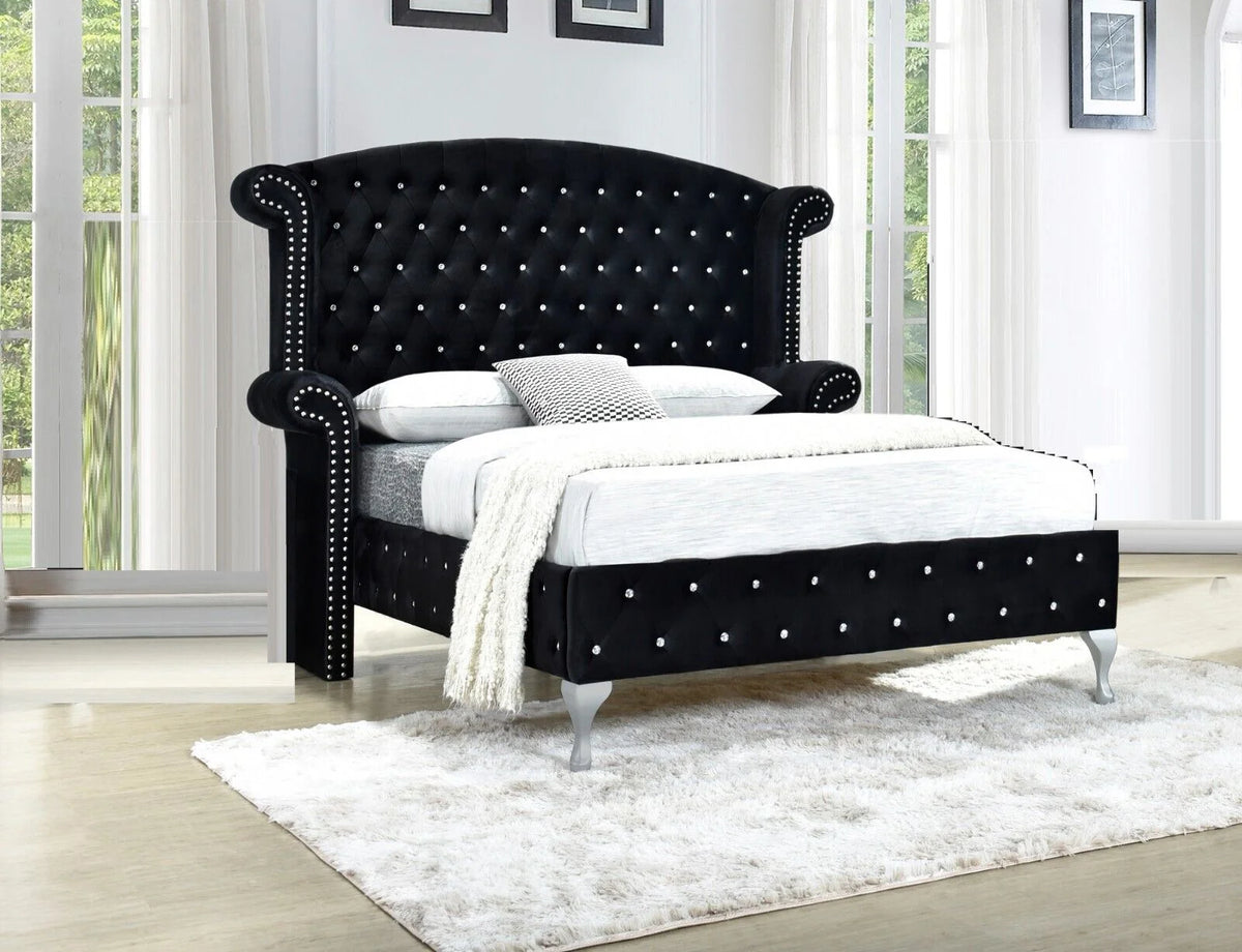 Black Velvet 4Pc Queen Size Bed Dresser Mirror Nightstand Set R125698